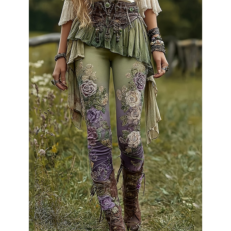 Women's Slacks Leggings Cozy Leggings Vacation Vintage Streetwear Full Length Natural Floral Graphic Flower Embroidered Pocket Elastic Waist Comfy Outdoor Comfortable Outdoor Vacation Street Green
