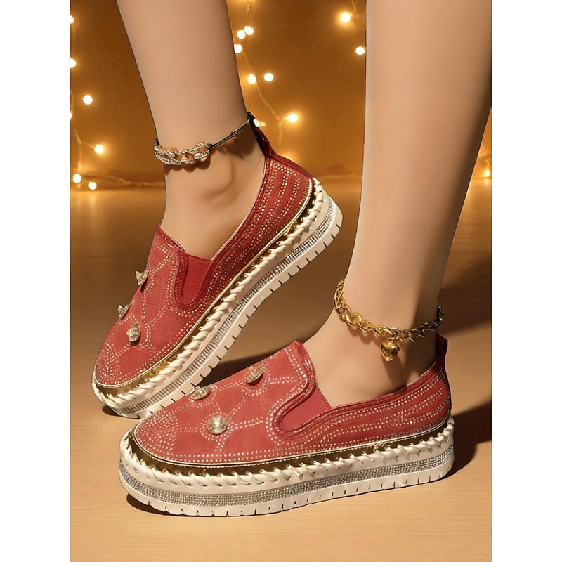 Women's Red Slip-On Platform Sneakers with Rhinestone Studs and Metallic Detailing - Stylish Casual Shoes for Women Perfect for Nightlife Party Outfits