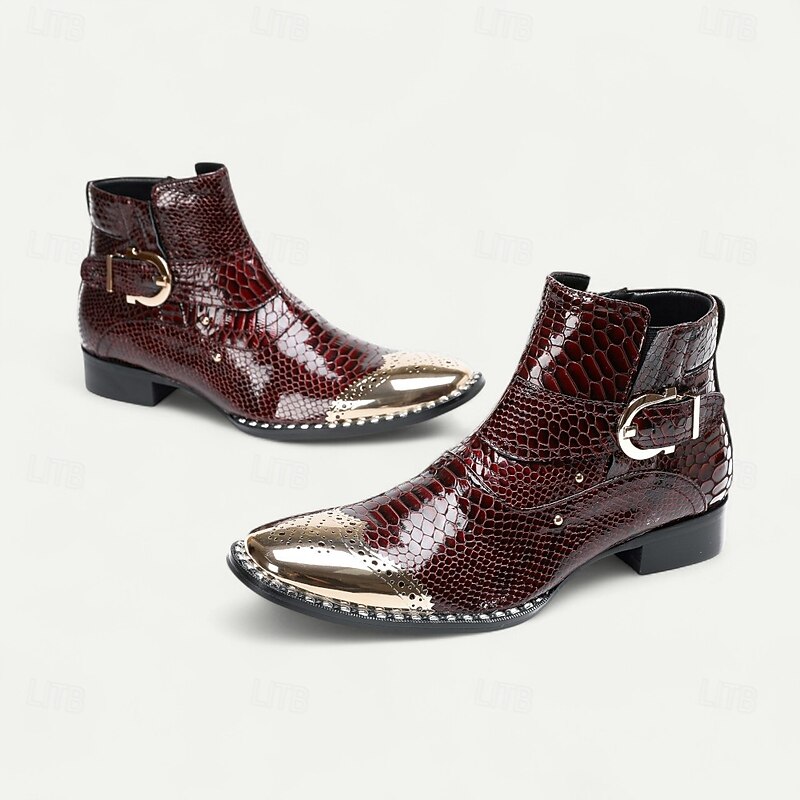 Men's Burgundy Genuine Leather Snake Print Ankle Boots with Metal Toe Cap – Rock Stage Performance Footwear3