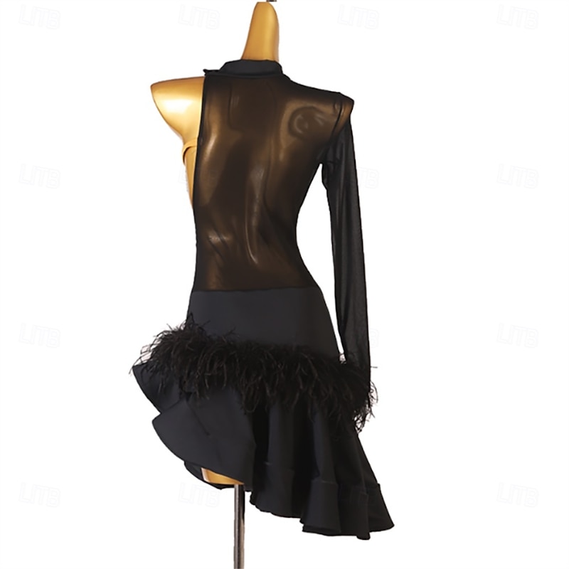 Women's Black Slant Shoulder Feather Rumba Latin Dance Practice Dresses Performance Dresses2