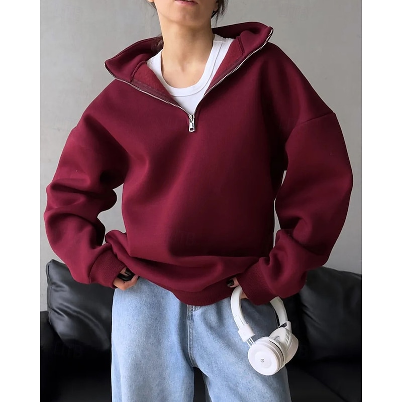 Women's Pullover Sweatshirts Zip Up Sweatshirts Plain Sports Fashion Casual Long Sleeve High Neck Regular Tops Street Dailywear Going out Half Zipper Quarter Zipper Zipper Wine Fall Winter - Main Image
