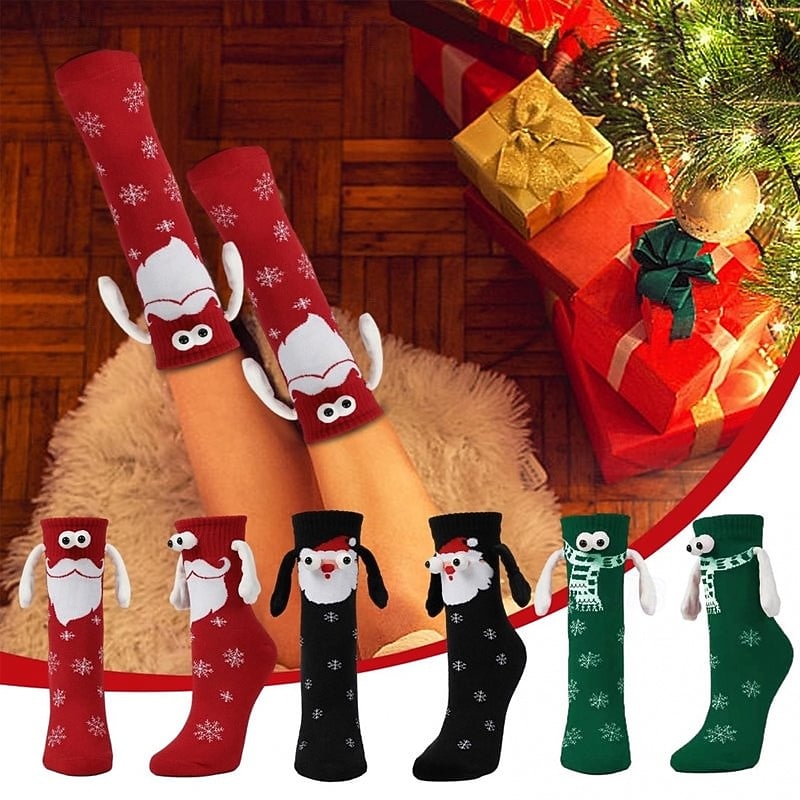 Magnetic Socks Winter Edition Christmas Socks, Red Holiday Stockings with Scarf Design, Decorative Magnetic Big-Eye Hand-Holding Socks, Festive Xmas and Halloween Decor