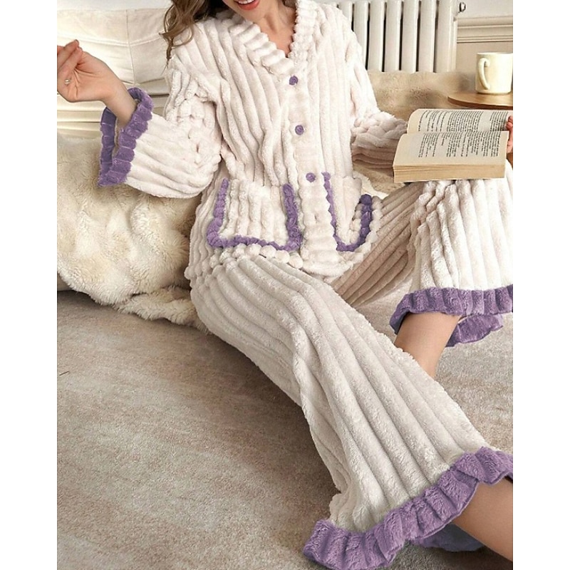 Women's Pajamas Pajama Set 2 Pieces Comfort Soft Patchwork Pocket Elastic Waist Buttons Pant Home Daily Bed Long Sleeve V Neck White Red Purple Green Fall Winter