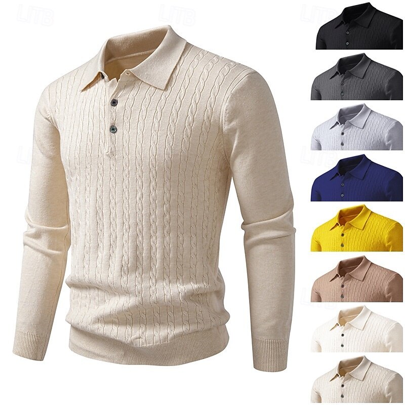 Men's Sweater Pullover Sweater Jumper Ribbed Cable Knit Regular Tops Knitted Slim Fit Plain Turndown Knitwear Contemporary Casual Daily Wear Clothing Apparel Fall Black Yellow L XL 2XL