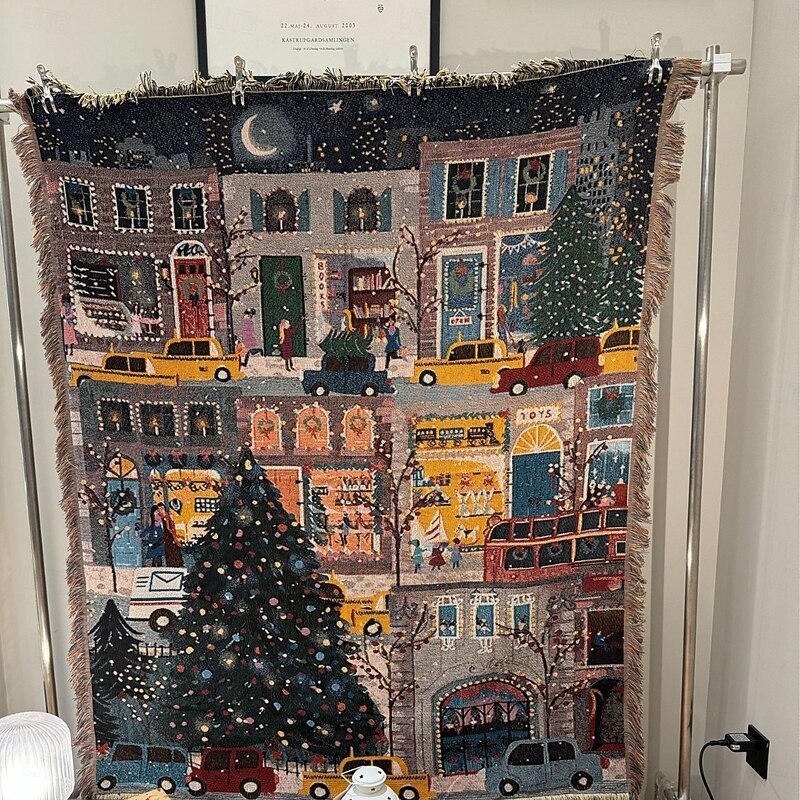 Merry Christmas Cartoon Tapestry, Holiday Room Decoration, Bed Throw, Sofa Blanket with Colorful Lights