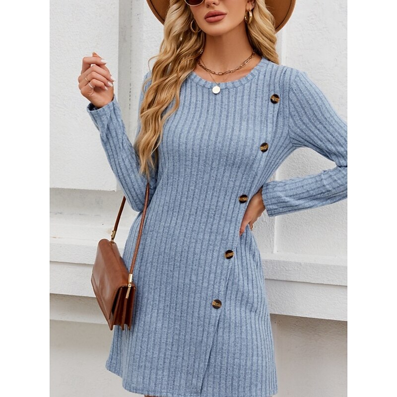 Women's Mini Dress A Line Dress Casual Daily Loose Fit Plain Long Sleeve Crew Neck Black Light Brown Blue Fuchsia Fall Winter2