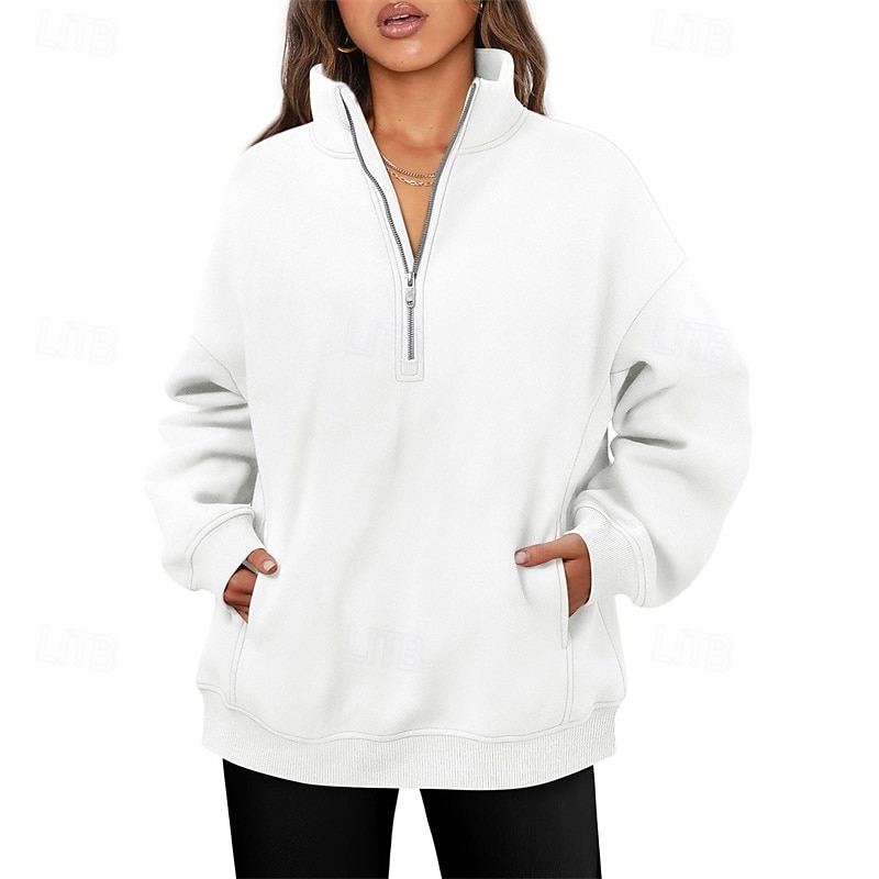 Women's Pullover Sweatshirts Zip Up Sweatshirts Plain Sports Fashion Casual Long Sleeve High Neck Regular Tops Street Dailywear Going out Half Zipper Quarter Zipper Zipper White Fall Winter