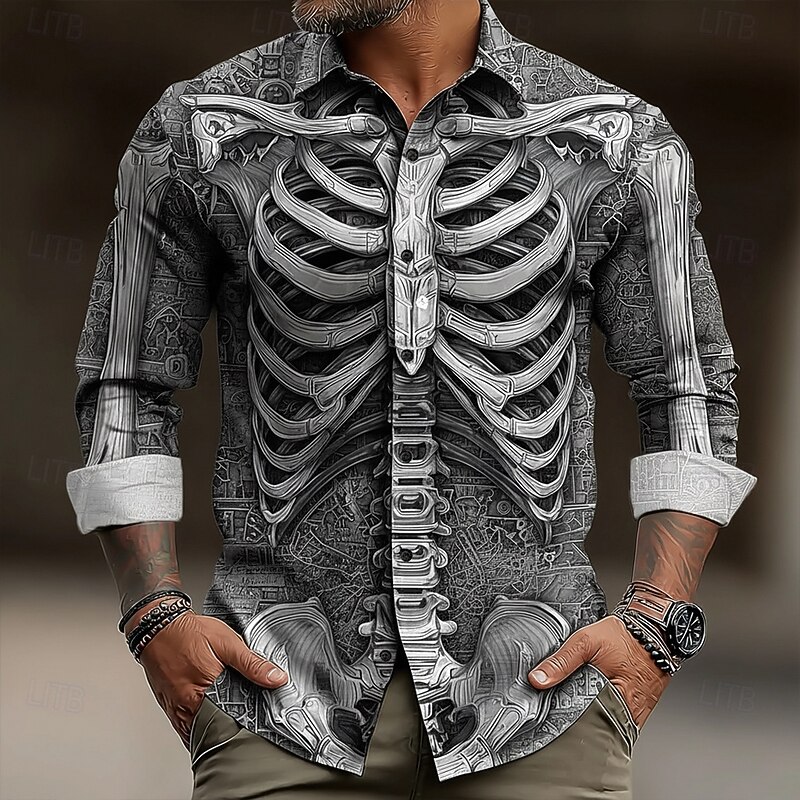 Halloween Men's Optical Illusion Skeleton Shirt Button Up Shirt Long Sleeve Dark Punk Gothic Style Outdoor Holiday Summer Spring Turndown 3D Print Collared Shirts Gold Brown Green Gray2