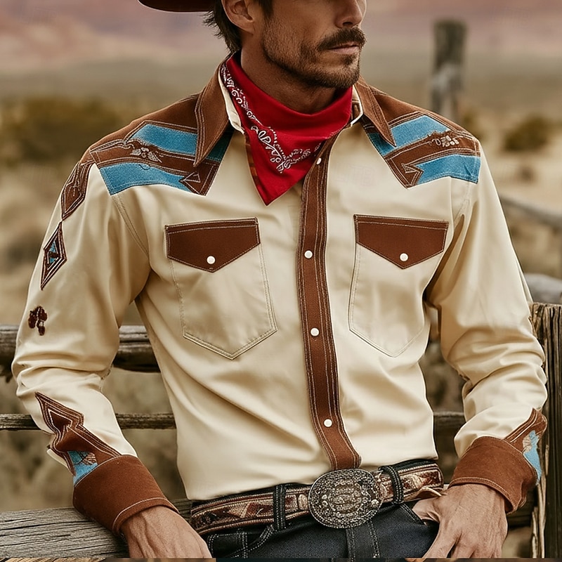 Men's Paisley Floral Print Ethnic Shirt Western Shirt Cowboy Shirt Long Sleeve Vintage Retro Outdoor Daily WorkWear Fall & Winter Turndown 3D Print Front Two Pockets Button Up Shirts Brown Green Khaki