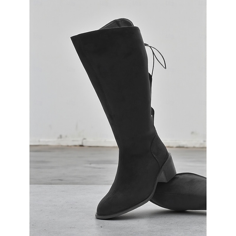 Women's Extra Wide Calf Knee High Boots – Black Casual Faux Suede Style Boots with Block Heel for Plus Size Comfort and Everyday Wear4