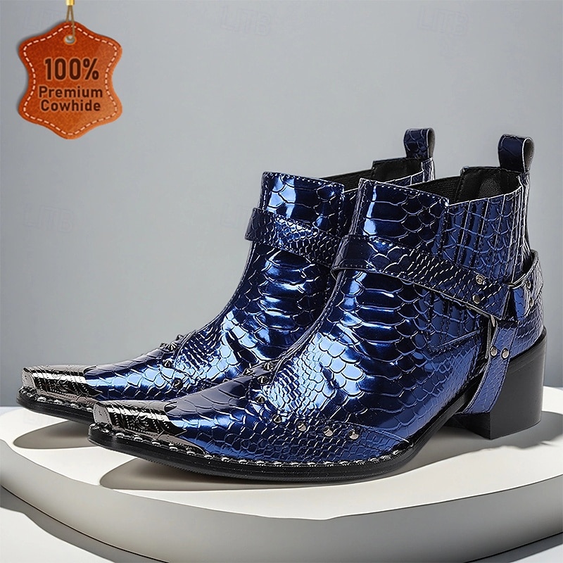 Men's Premium Cowhide Blue Croc Pattern Leather Chelsea Boots, Stylish Harley Motorcycle Boots for Rock Concerts, Parties, Nightclub Fashion and Stage Wear