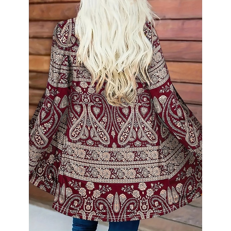 Women's Winter Coat Trench Coat Lightweight Comfortable Print Open Front Vintage Fashion Casual Boho Vintage Geometric Vacation Casual Long Collarless Regular Fit Long Sleeve Outerwear Red Blue Purple