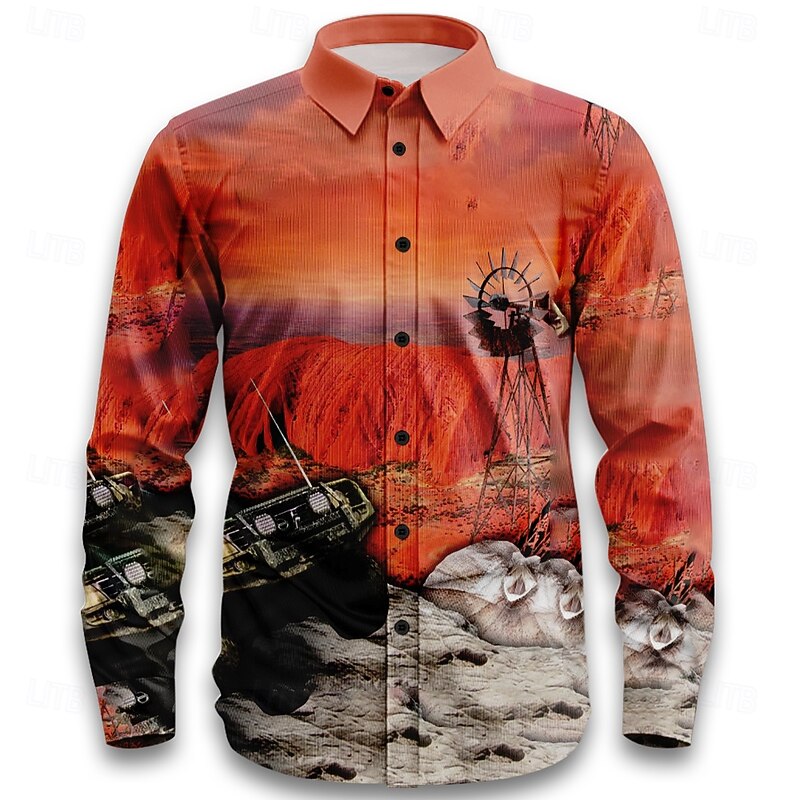Men's Nature & Landscapes Desert Shirt Western Shirt Cowboy Shirt Long Sleeve Vintage Retro Outdoor Vacation Spring Fall Turndown 3D Print Linen Like Shirt Orange