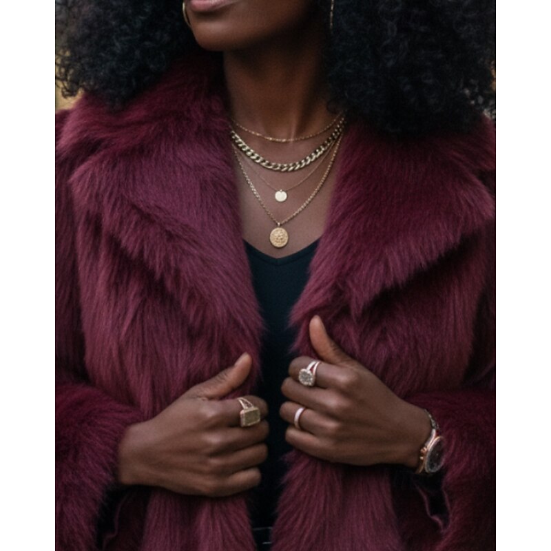 Women's Faux Fur Coat Warm Comfortable Furs & Leathers Casual Plain Vacation Street Daily Wear Weekend Short Turndown Regular Fit Long Sleeve Outerwear Wine Fall Winter