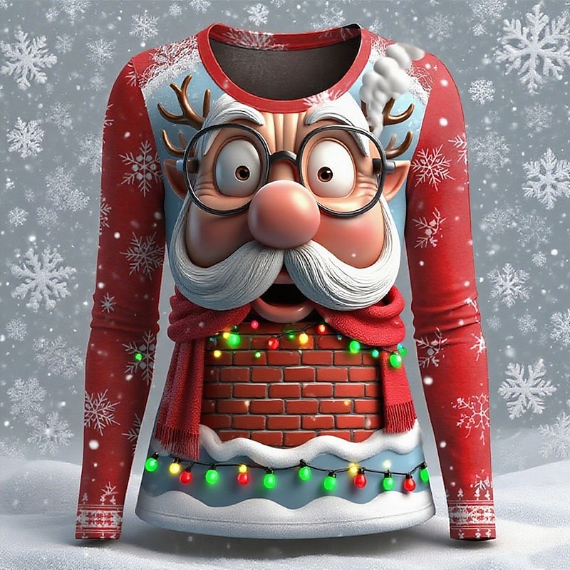 Christmas Women's T Shirt Graphic Santa Claus Fashion Casual Long Sleeve Crew Neck Regular Tops Daily Weekend Print White Red Blue Summer Spring Fall3