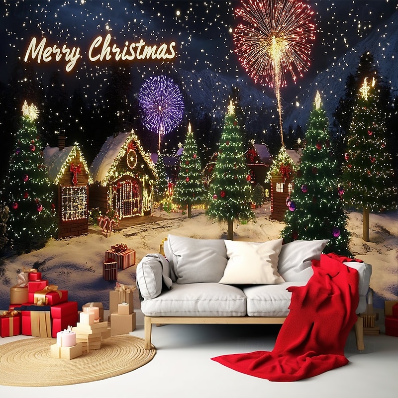 Chrismas Hanging Tapestry Neon Lights Christmas Tree Christmas House Santa Claus Fireworks Large Wall Art Mural Decor Blanket Curtain Holiday Home Bedroom Living Room Festive Party Decoration2