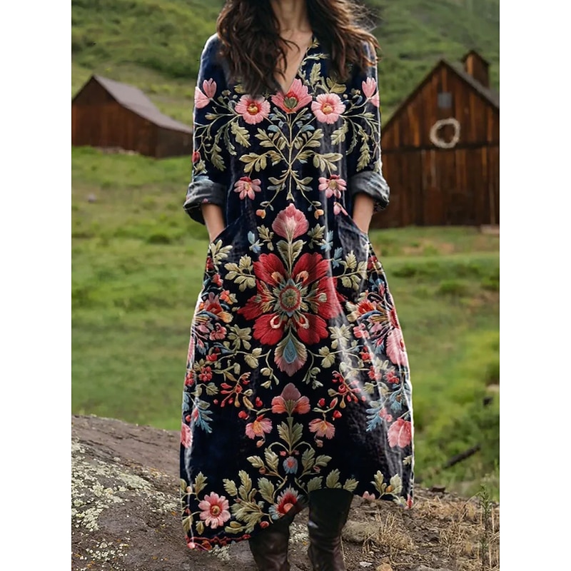 Women's Maxi Dress Sundress A Line Dress Vacation Casual Boho Birthday Daily Holiday Loose Fit Floral Graphic Geometric Long Sleeve V Neck Black Blue Orange Spring Fall