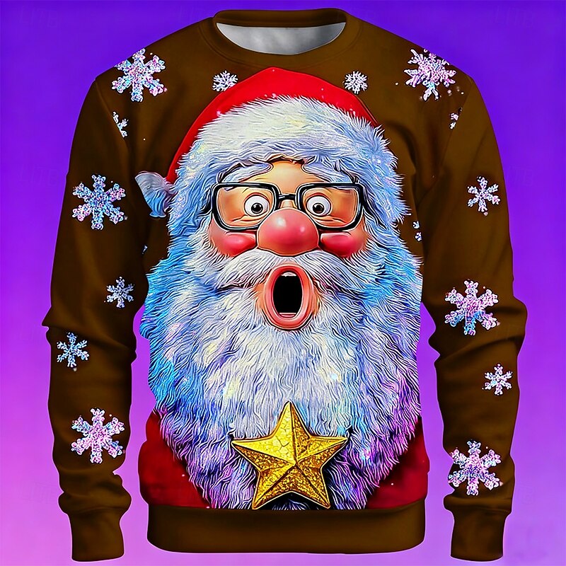 Christmas Men's Santa Claus Sweatshirt Cool Party Crew Neck Vacation Party Gift Blue Brown Crewneck 3D All Seasons Designer