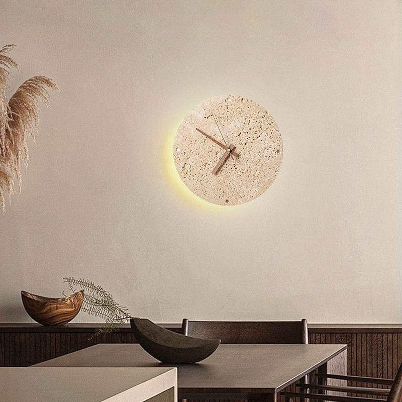 Clockwork-Shaped Led Wall Sconce Modern Round Yellow Travertine Wall Light Wabi Sabi Natural Stone Bedside Wall Lamp with Clock Hand for Farmhouse Living Room Bedroom