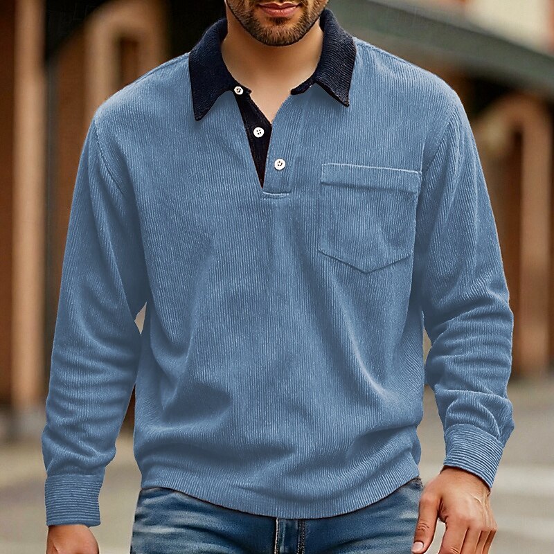 Men's Corduroy Shirt Golf Shirt Work Casual Lapel Long Sleeve Basic Modern Color Block Pocket Buttons Spring Fall Regular Fit Black White Red Navy Blue Blue Orange Corduroy Shirt