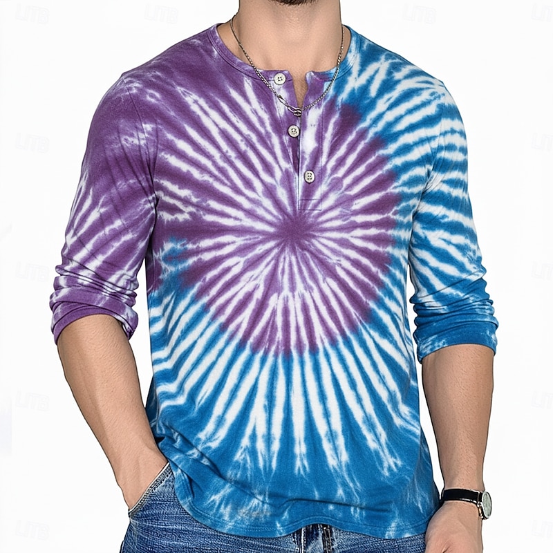 Men's Tie Dye Retro Vintage Henley Shirt Tee Long Sleeve Shirt Long Sleeve Fashion Streetwear Basic Vacation Casual Sports Spring &  Fall Lake blue Blue Purple Brown Red+Black Henley Henley T-Shirt2