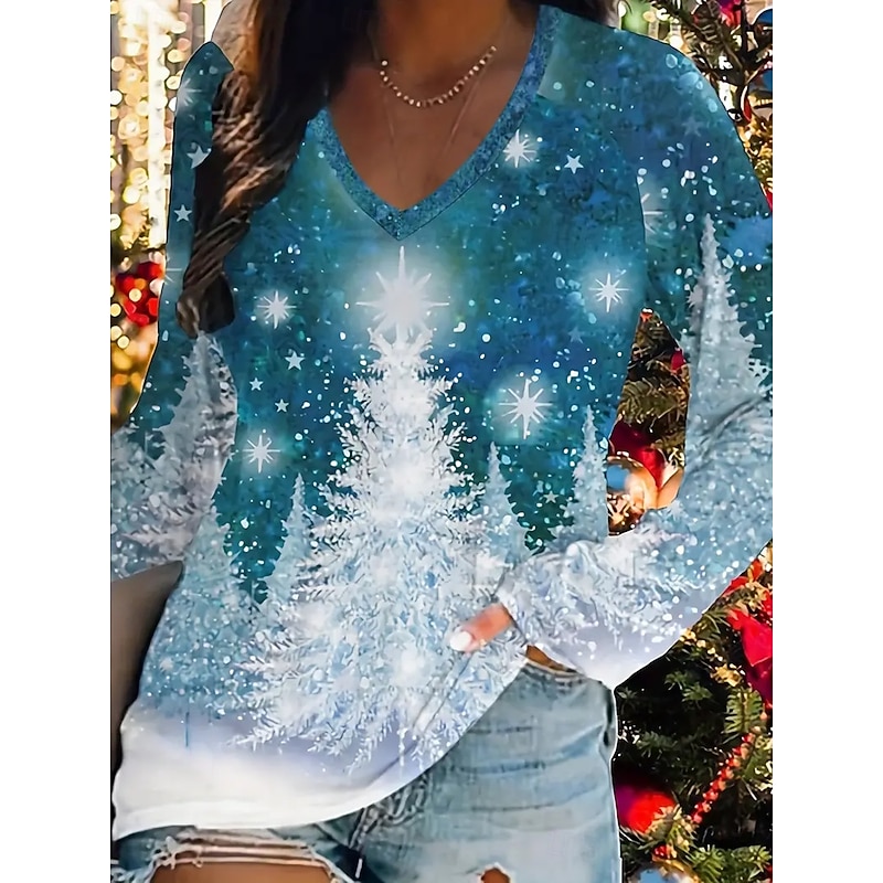 Christmas Women's T Shirt Graphic Snowflake Fashion Casual Long Sleeve V Neck Regular Tops Daily Weekend Print Blue Summer Spring Fall Winter