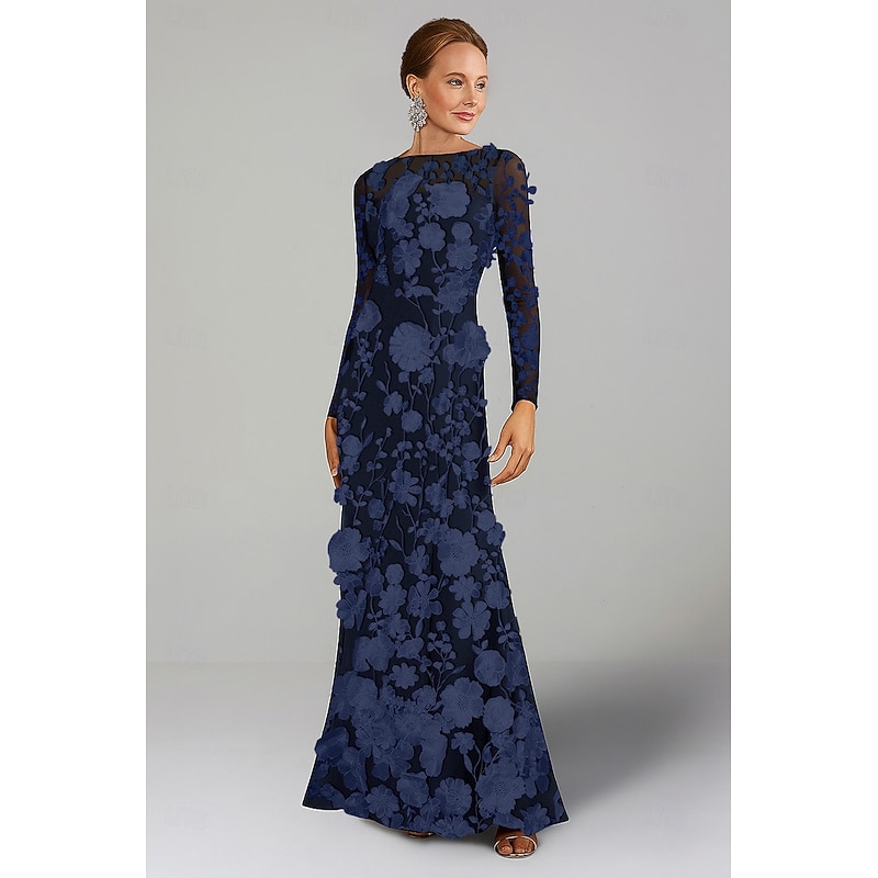 Black Floral Embroidered Applique Beach Wedding Guest Dresses Formal Semi-formal Sheath / Column Crew Neck Long Sleeve Floor Length Tulle Bridal Gowns 20254