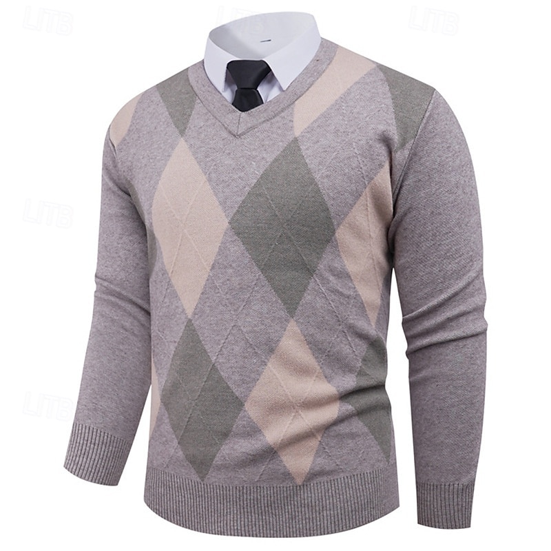 Men's Pullover Sweater Jumper Knit Sweater Ribbed Knit Regular Tops Knitted Plaid V Neck Fashion Basic Vacation Daily Wear Clothing Apparel Spring Fall Navy Blue Khaki S M L