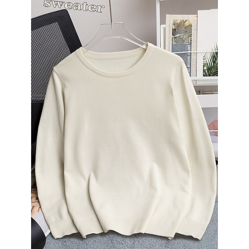 Women's Pullover Elegant Vintage Daily Solid Color Ribbed Crew Neck Knitted Long Sleeve Regular Tops Knit School Outdoor Home Black White Spring Fall