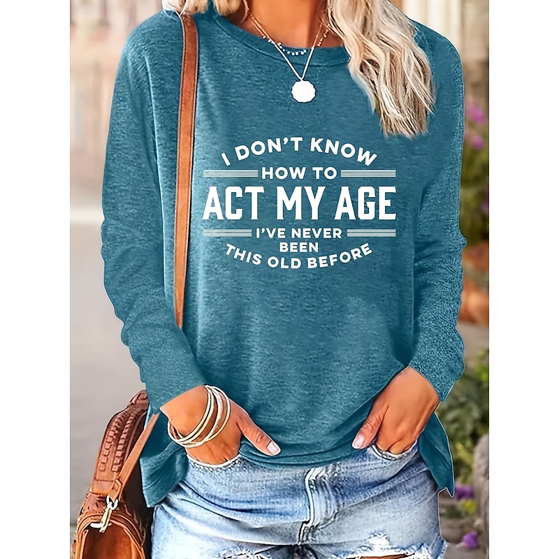 Women's T Shirt Graphic Letter Vintage Fashion Stylish Long Sleeve Crew Neck Regular Tops Daily Weekend Print Navy Blue Blue Gray Spring Fall4