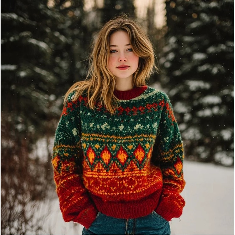 Women's Sweater Vintage Fashion Casual Graphic Geometric Crew Neck Knitted Long Sleeve Regular Tops Knit Work Daily Red Orange Fall Winter2