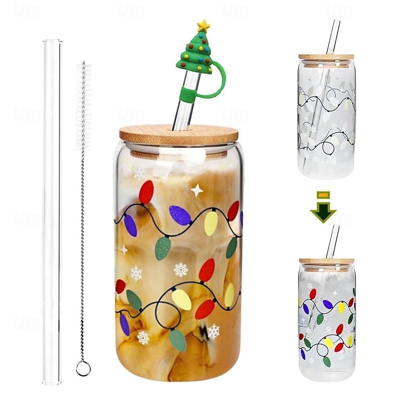 Color Changing Christmas Cup, Cute Color Changing Glass Cup, Bamboo Leakproof Lid & Steel Straw, Reusable Travel Mug for Iced Coffee, Smoothie, Cocktail, Xmas Party Decoration Gift Tumbler2
