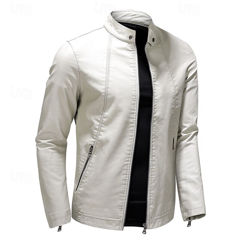 Men's Faux Leather Jacket Fleece Jacket Biker Jacket Motorcycle Jacket Vacation Daily Windproof Warm Pocket Fleece Fall Winter Plain Fashion Classic Stand Collar Regular Black White Wine Jacket2
