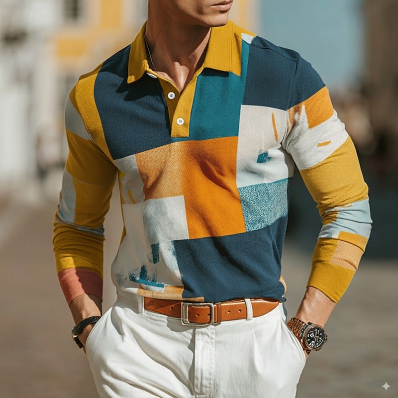 Men's Color Block Polo Long Sleeve Polo Shirts Lapel Business Casual Outdoor Street Athleisure Daily Wear 3D Print Buttons Spring Fall Winter Yellow Blue Purple2