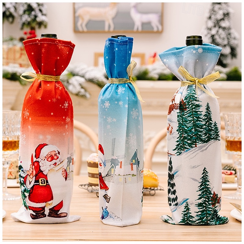 3 Pack Christmas Wine Bottle Covers, Santa Claus Champagne Bags, Soft Fabric Holiday Wine Bottle Holders, Xmas Party Table Decorations, Reusable Gift Wrapping Accessories