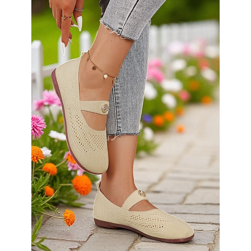 Women's Wide Width Flyknit Mary Jane Flats – Breathable Comfort Shoes with Rhinestone Strap for Walking and Daily Wear4
