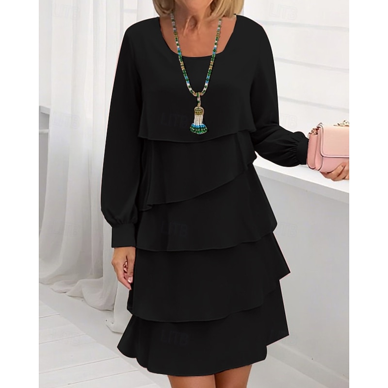 Women's Mini Dress Black Dress Tiered Dress Fashion Modern Outdoor Tea Party Going out Regular Fit Plain 3/4 Length Sleeve Crew Neck Black Spring Fall - Main Image
