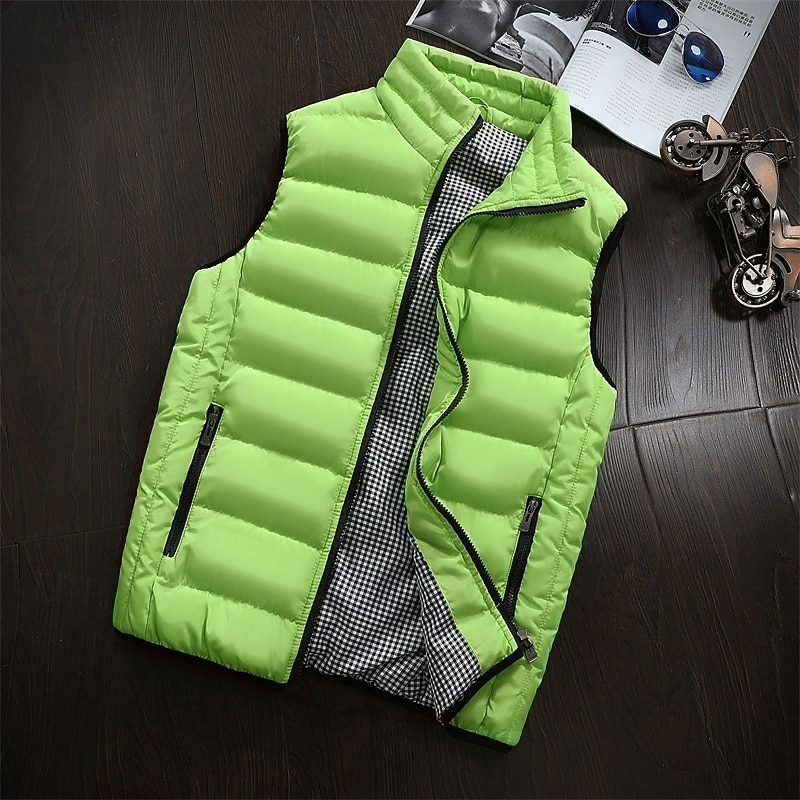 Men's Puffer Vest Vest Gilet Vacation Daily Date Fashion Casual Fall Winter Pocket Polyester Warm Comfortable Solid Color Zipper Stand Collar Regular Fit Black Light Green Wine Red Vest