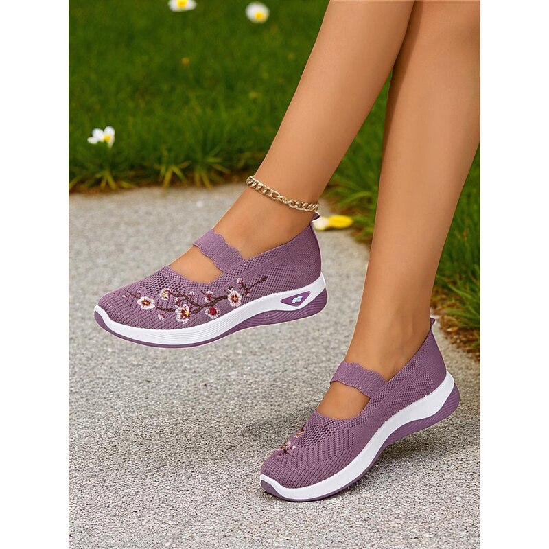 Women's Purple Flyknit Mary Jane Sneakers with Floral Embroidery, Lightweight Breathable Shoes for Walking and Casual Outfits2
