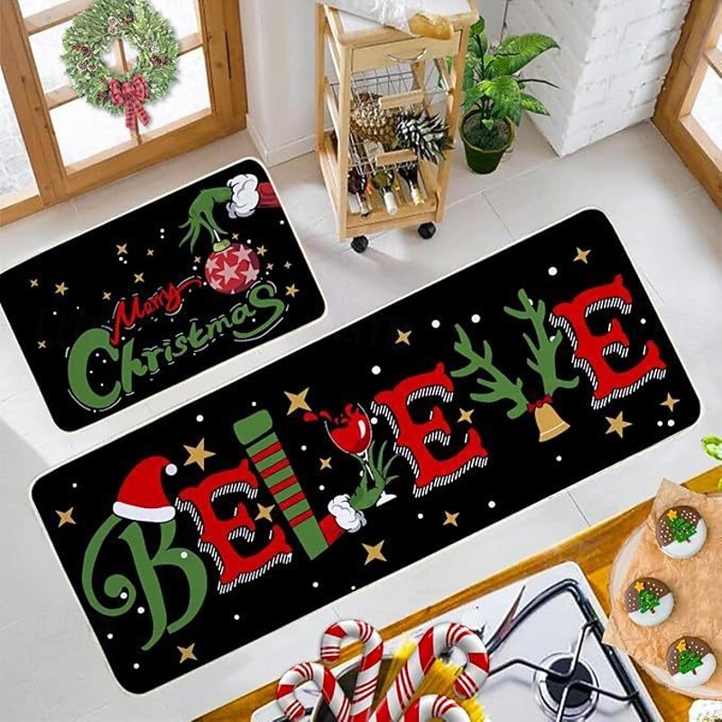 New Christmas Kitchen Floor Mat 2-Piece Set, Absorbent, Dirt-Resistant Entrance and Door Rug, Easy-to-Clean Kitchen Mats3