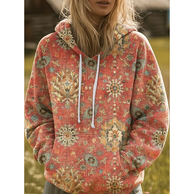 Women's Pullover Hoodie Sweatshirt Graphic Geometric Casual Boho Long Sleeve Hooded Regular Tops Street Dailywear Patchwork Print Front Pocket Wine Blue Orange Spring Fall Winter