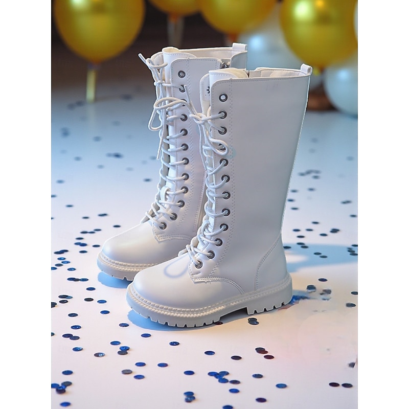 Korean Idol Inspired Pop Star Costume Shoes Girls' White Lace-Up Knee High Boots with Side Zipper, Chunky Sole Winter Fashion Footwear for Stage Performance and Casual Wear2