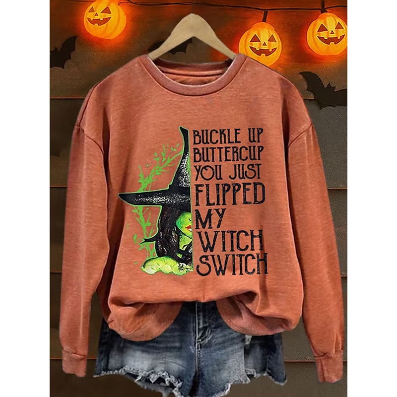 Women's Pullover Graphic Witch Casual Long Sleeve Crew Neck Regular Tops Street Dailywear Casual Print Black White Orange Green Fall Winter2