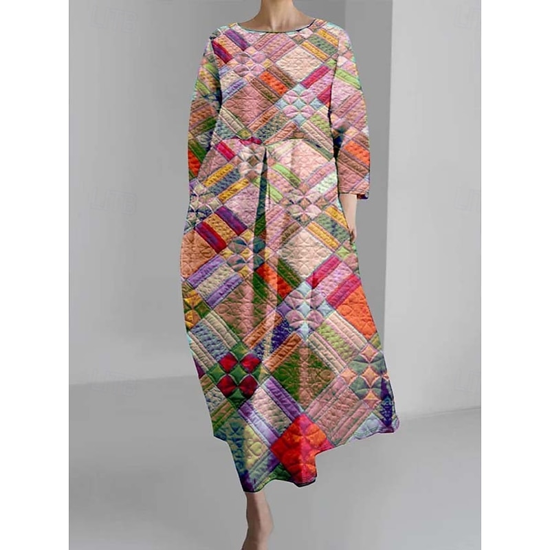 Women's Maxi Dress A Line Dress Fit And Flare Dress Party Casual Boho Wedding Party Wedding Guest Loose Fit Graphic Geometric Long Sleeve Crew Neck Pink Blue Green Spring Fall Winter Autumn2