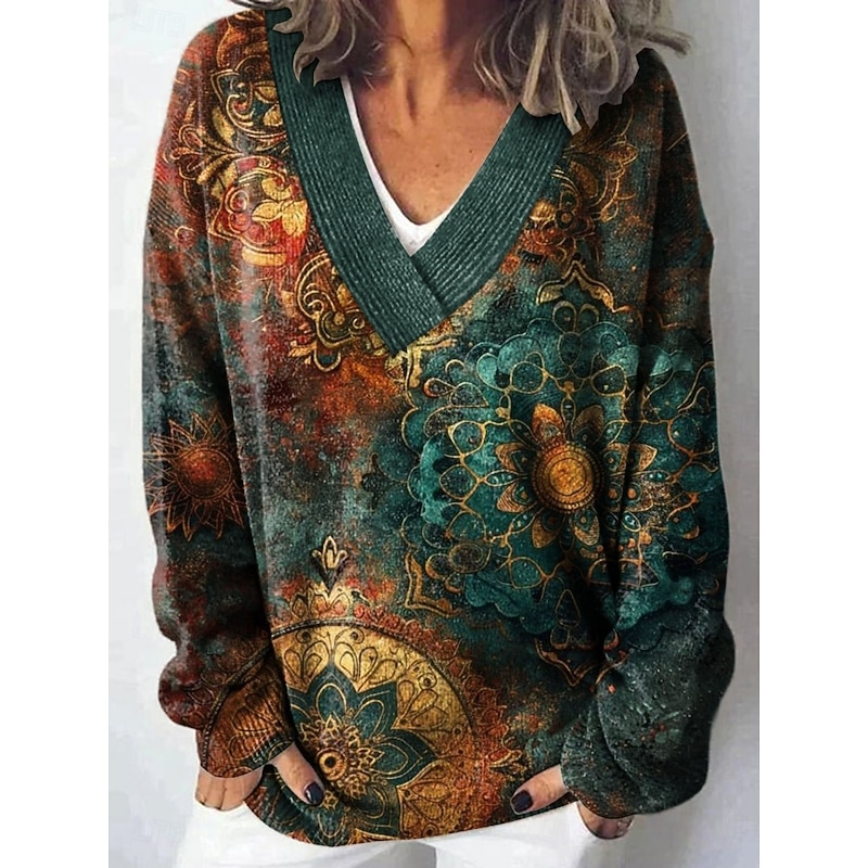 Women's Sweater Casual Soft Floral Graphic Ribbed V Neck Knitted Long Sleeve Regular Tops Knit Outdoor Daily Weekend Black Yellow Fall Winter - Main Image