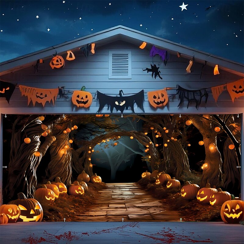 Halloween Tapestry Garage Door Cover Large Hanging Backdrop Pumpkin Cemetery Dark Punk Gothic Style Party Outdoor Shooting Backgrounds Yard Haunted House Home Decor