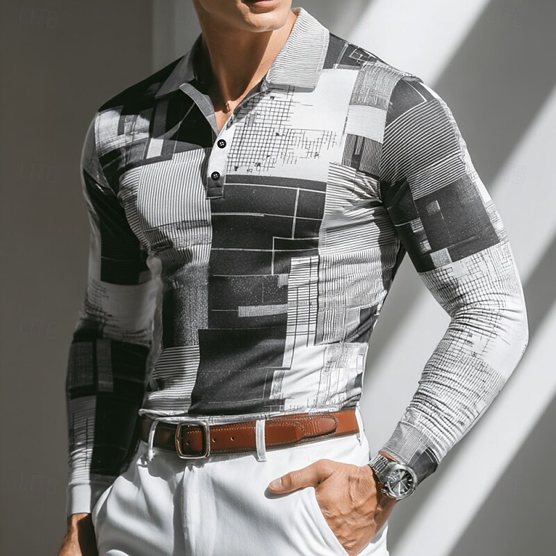Men's Geometic Polo Long Sleeve Polo Shirts Lapel Casual Outdoor Street Athleisure Daily Wear 3D Print Buttons Spring Fall Winter Black Purple Gray