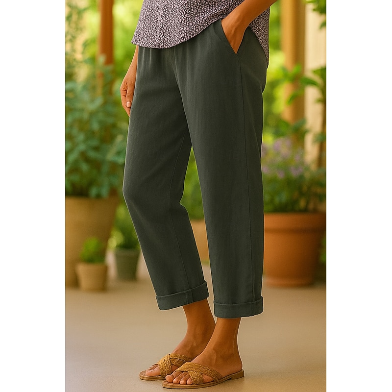 Women's Cotton Pants Vacation Vintage Ethnic Style Ankle-Length High Waist Plain Comfy Breathability Soft Micro-elastic Army Green Dark red Black White Summer Spring Loose Fit3