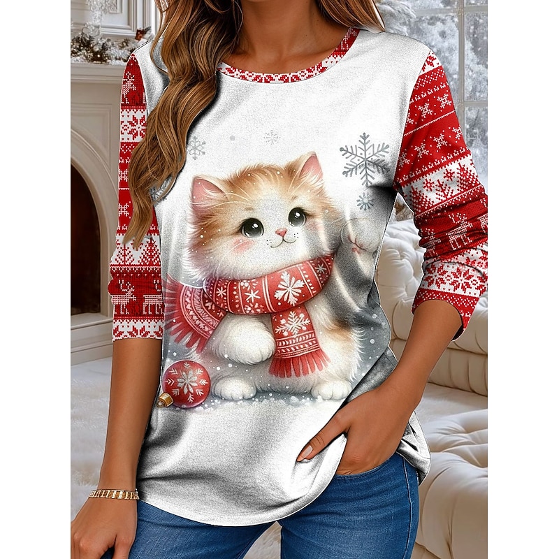 Christmas Women's T Shirt Graphic Cat Christmas Vintage Fashion Stylish Long Sleeve Crew Neck Regular Tops Daily Weekend Print Pink Red Blue Green Fall Winter2