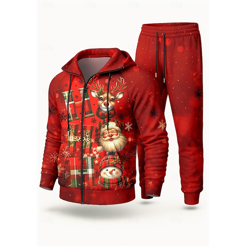 Christmas Men's Hoodie Tracksuit 2 Piece Tracksuit Drawstring Zip Up Letter Clothing Suit Fall Red Vocation Outdoor Travel Lightweight Fashion Long Sleeve Sport Activewear Stretchy Regular Fit